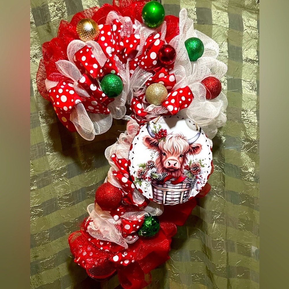New Christmas Scottish‎ Highlander Cow handmade wreath by me! Candy Cane!